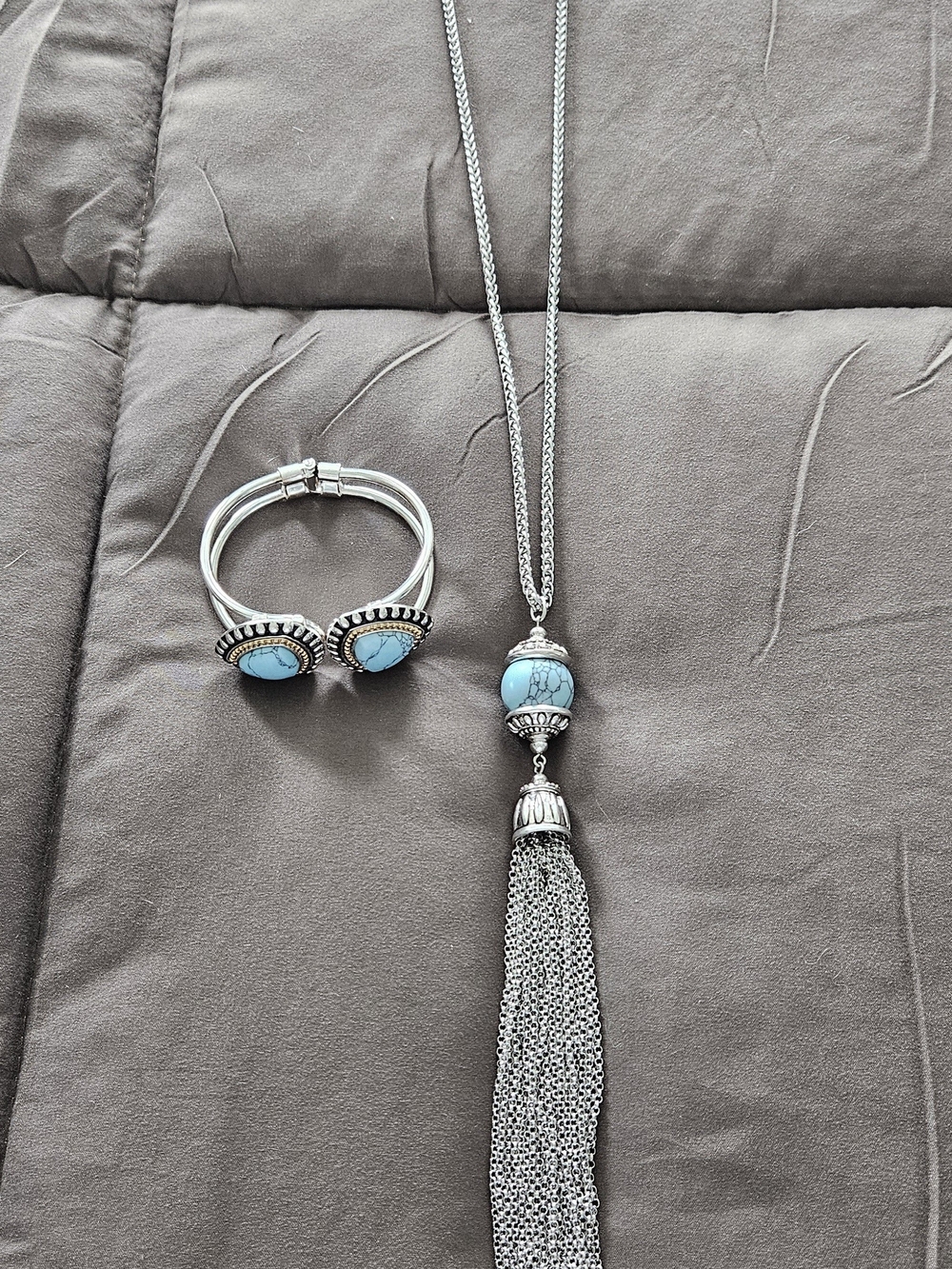 Silver Tone Turquoise Drop Tassel Necklace & Bracelet Set